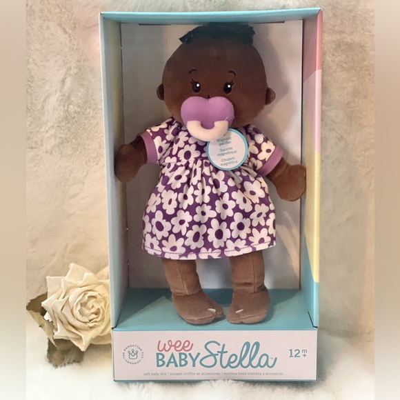 New with tags WEE BABY “STELLA” Brown 12” Soft Baby Doll with magnetic pacifier - Picture 1 of 7